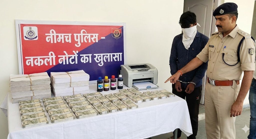 नीमच में नकली नोट बनाने का खुलासा, ₹50 हजार के 500-500 के फर्जी नोट बरामद, एक गिरफ्तार, नोट छापने का कागज, स्याही और प्रिंटर जब्त